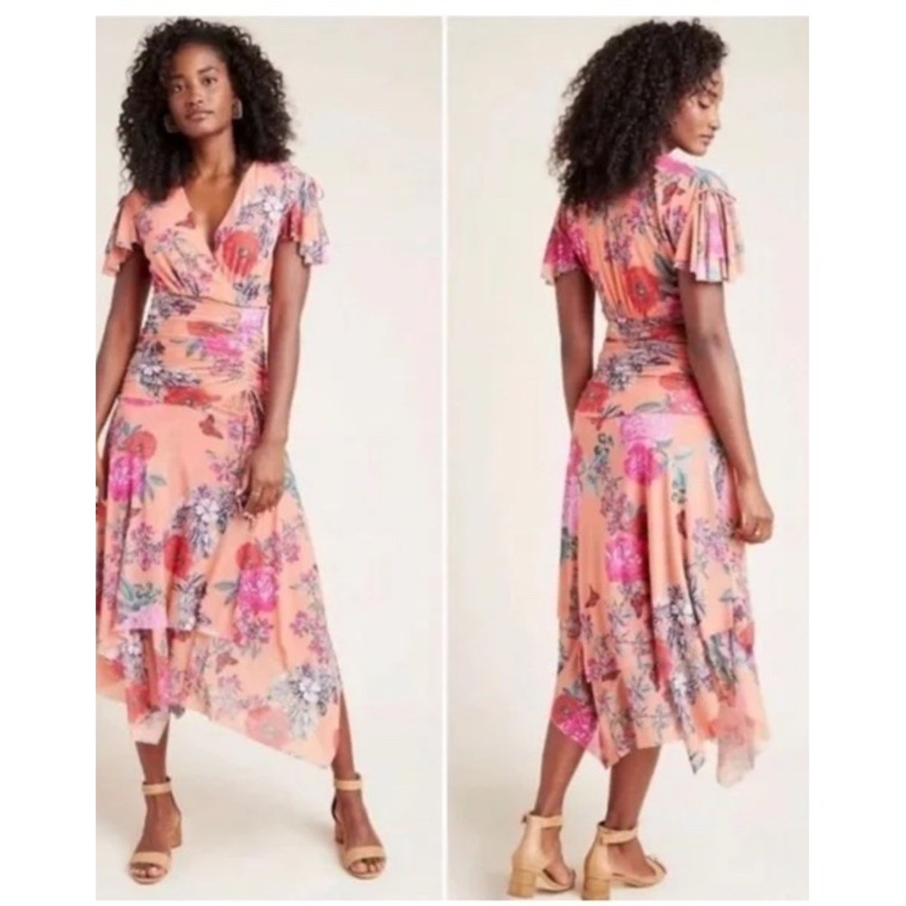 Maeve Anthropologie Simone Butterfly Ruched Floral Mesh Midi Dress Peach M